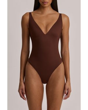 Oh Polly V-Neck Thong Bodysuit - Brown