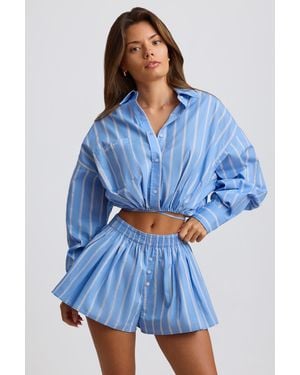 BO+TEE Cotton Poplin Stripe Multiway Cropped Shirt - Blue