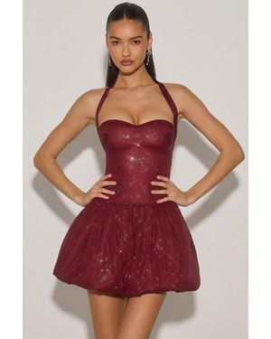 Oh Polly Embellished Halterneck Bubble Hem Mini Dress - Red