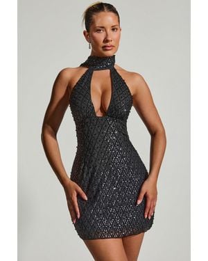 Oh Polly Embellished Scarf-Detail Halterneck Mini Dress - Black