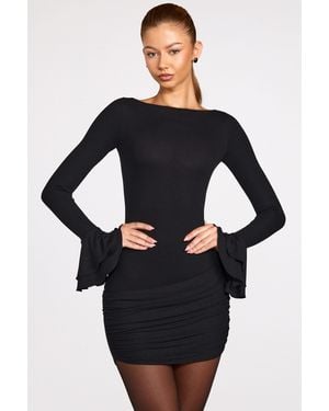 Oh Polly Ribbed Modal Long-Sleeve Draped Mini Dress - Black