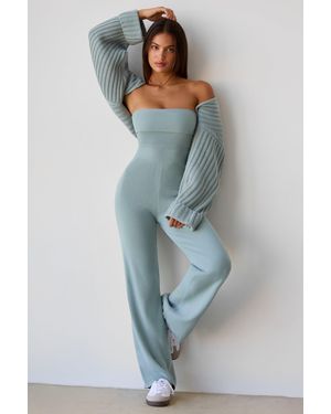 BO+TEE Chunky Knit Bandeau Kick Flare Jumpsuit - Green
