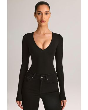 Oh Polly Modal Plunge Long-Sleeve Bodysuit - Black