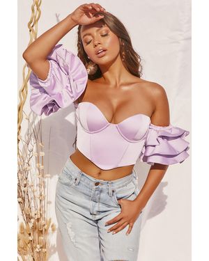 EBY Sweet Bliss Bardot Ruffle Sleeve Crop Top - Purple