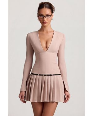 Oh Polly Long-Sleeve Pleated Mini Dress - Natural