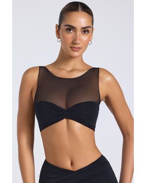 Oh Polly Sheer Panelled Ruched Crop Top - Black
