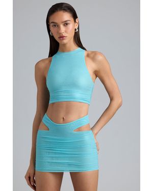 Oh Polly Metallic Ruched High-Neck Top - Blue