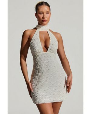 Oh Polly Embellished Scarf-Detail Halterneck Mini Dress - White