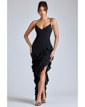 Oh Polly Panelled Ruffle Evening Gown - Black