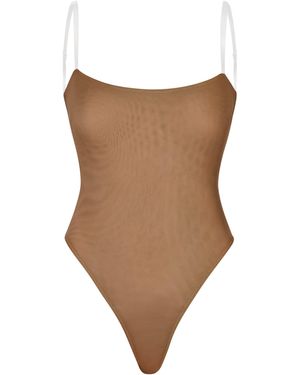 Oh Polly Soft Mesh Invisible Strap Thong Bodysuit - Natural