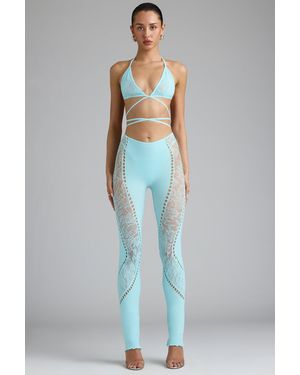 Oh Polly Embellished Mid-Rise Flared Trousers - Blue