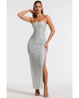 Oh Polly Embellished Square Neck Thigh Split Gown - White