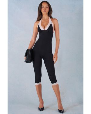 Oh Polly Modal Lace-Trim Capri Jumpsuit - Black