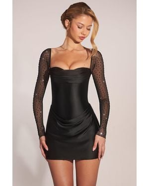 Oh Polly Embellished Long-Sleeve Draped Mini Dress - Black