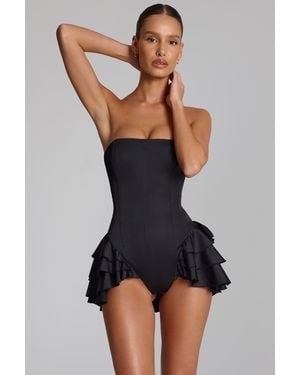 Oh Polly Ruffled Lace-Up Corset Playsuit - Black