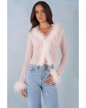 Oh Polly Feather Trim Sheer Top - White