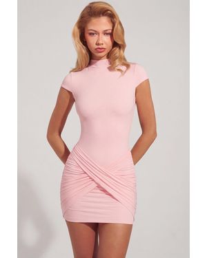 Oh Polly Jersey Turtleneck Ruched Backless Mini Dress - Pink