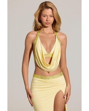 Oh Polly Embellished Deep Plunge Halterneck Top - Yellow