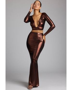 Oh Polly Mid Rise Metallic Jersey Maxi Skirt - Brown