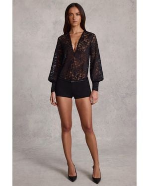 Oh Polly Sheer Lace Plunge-Neck Loose-Fit Playsuit - Black