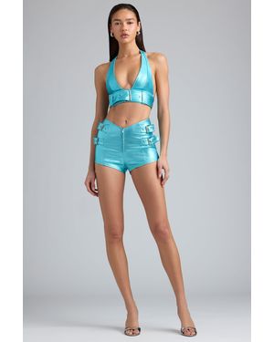 Oh Polly Metallic High-Waist Denim Shorts - Blue