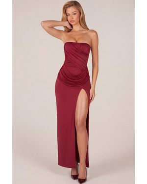 Oh Polly Bandeau Draped Thigh-High Maxi Dress - Red