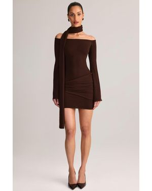 Oh Polly Knit Scarf-Detail Off-Shoulder Mini Dress - Brown