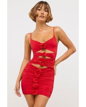 Oh Polly Slinky Jersey Rose Detail Cut Out Mini Dress - Red