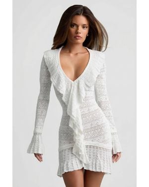Oh Polly Ruffle-Trim Pointelle-Knit Mini Dress - White