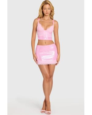 Oh Polly Sequin Lace Mid-Rise Mini Skirt - Pink