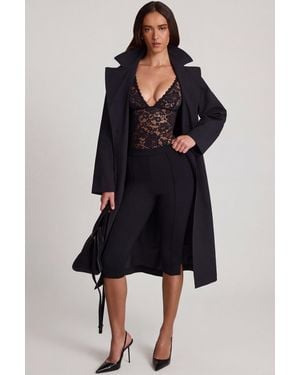 Oh Polly Sheer Lace Scalloped Plunge-Neck Bodysuit - Black