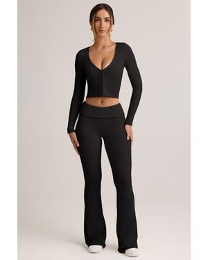 Oh Polly Modal Ribbed Foldover Flared Trousers - Black