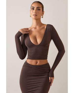 Oh Polly Modal Plunge Long-Sleeve Top - Brown