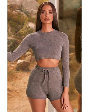 EBY Trend Setter Tie Front Ribbed Knit Mini Shorts - Grey