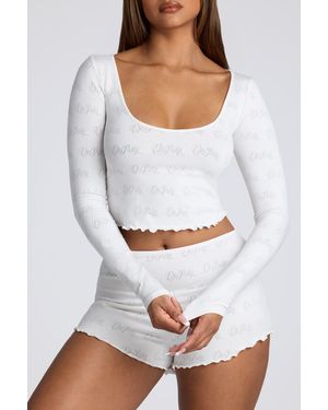 Oh Polly Long Sleeve Scoop Neck Pointelle Crop Top - White