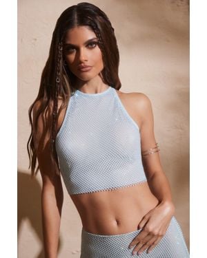 Oh Polly Embellished Racer Neck Open Back Crop Top - Blue