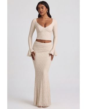 Oh Polly Draped Low-Rise Lace Maxi Skirt - White