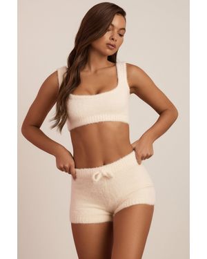 Oh Polly Fluffy Knit Mid-Rise Mini Shorts - White