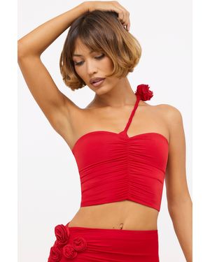 Oh Polly Slinky Jersey Rose Detail Asymmetric Top - Red
