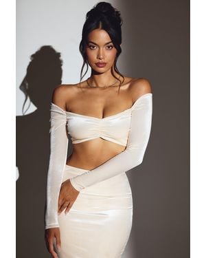 Oh Polly Velvet Off-Shoulder Ruched Crop Top - White