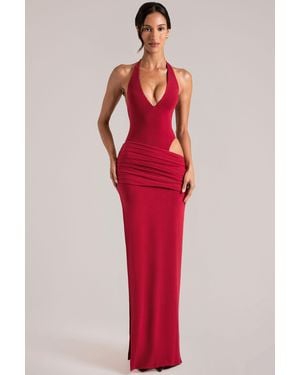 Oh Polly Deep Plunge Halterneck Maxi Dress - Red