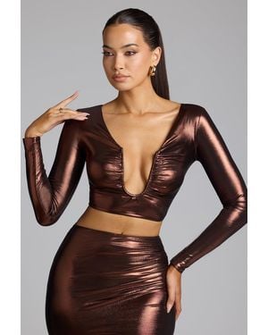 Oh Polly Plunge Neck Jersey Crop Top - Metallic