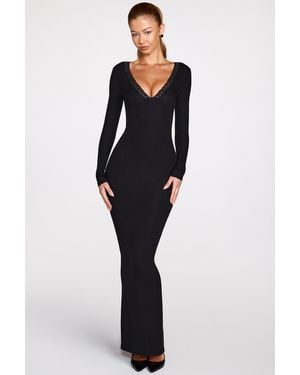 Oh Polly Ribbed Modal Long-Sleeve Plunge Maxi Dress - Black