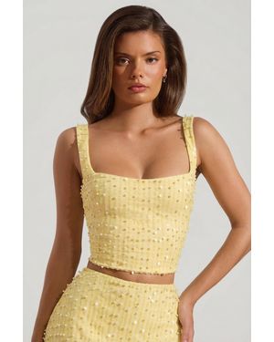 Oh Polly Embellished Square-Neck Crop Top - Yellow