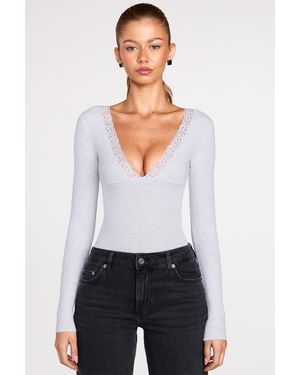 Oh Polly Ribbed Modal Long-Sleeve Plunge Bodysuit - Grey