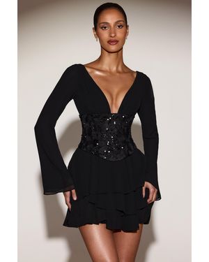 Oh Polly Chiffon Embellished Corset A-Line Mini Dress - Black
