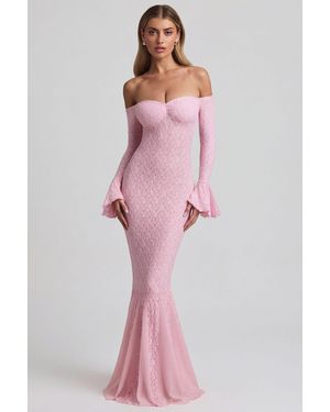 Oh Polly Off-Shoulder Ruffle Lace Maxi Dress - Pink