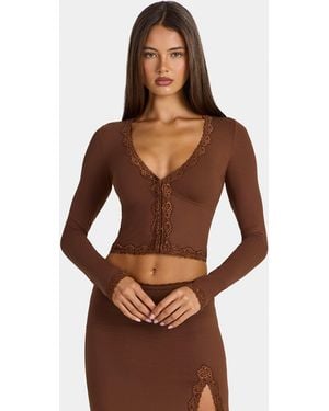 Oh Polly Modal Lace-Trim Cropped Cardigan - Brown