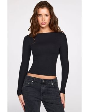 Oh Polly Ribbed Modal Ruched Long-Sleeve Top - Black
