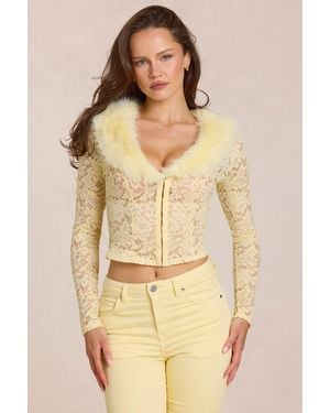 Oh Polly Lace Faux-Fur-Trim Cardigan - Yellow